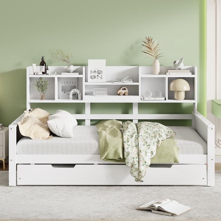 Pugsdrly Uitschuifbare slaapbank 90*200 cm van massief hout uitschuifbaar bed 90*190 cm met opbergvak en lattenbodem grenen Multifunctioneel bed eenpersoonsbed wit