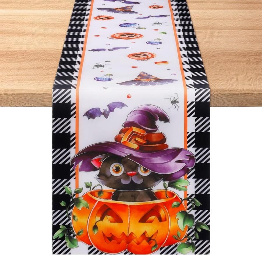 Pumpkin Witch Cat Halloween Table Runner 183x35.3cm Autumn Kitchen Dining Table Decoration Tablecloth for Indoor Outdoor Home Halloween Party Table Decoration