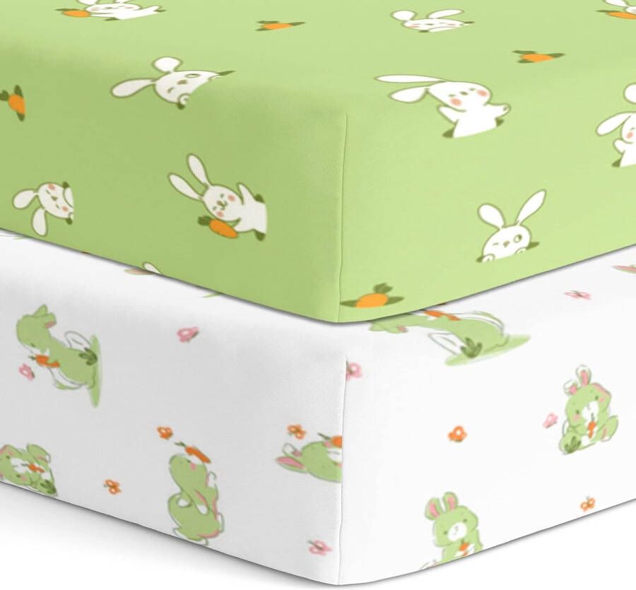 Puure biologische katoenen hoeslaken voor ledikant 140 x 70 x 20 cm Superzacht glad absorberend ademend keperstof voor baby's Wit en groen konijn