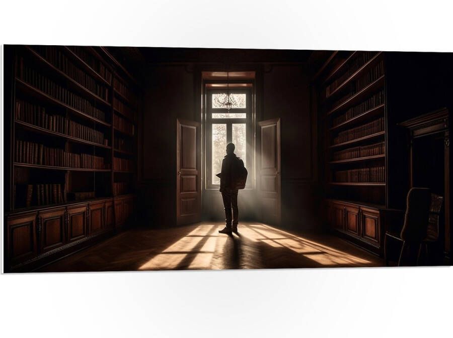 PVC Schuimplaat- Bibliotheek Man Boeken Leeg 100x50 cm Foto op PVC Schuimplaat