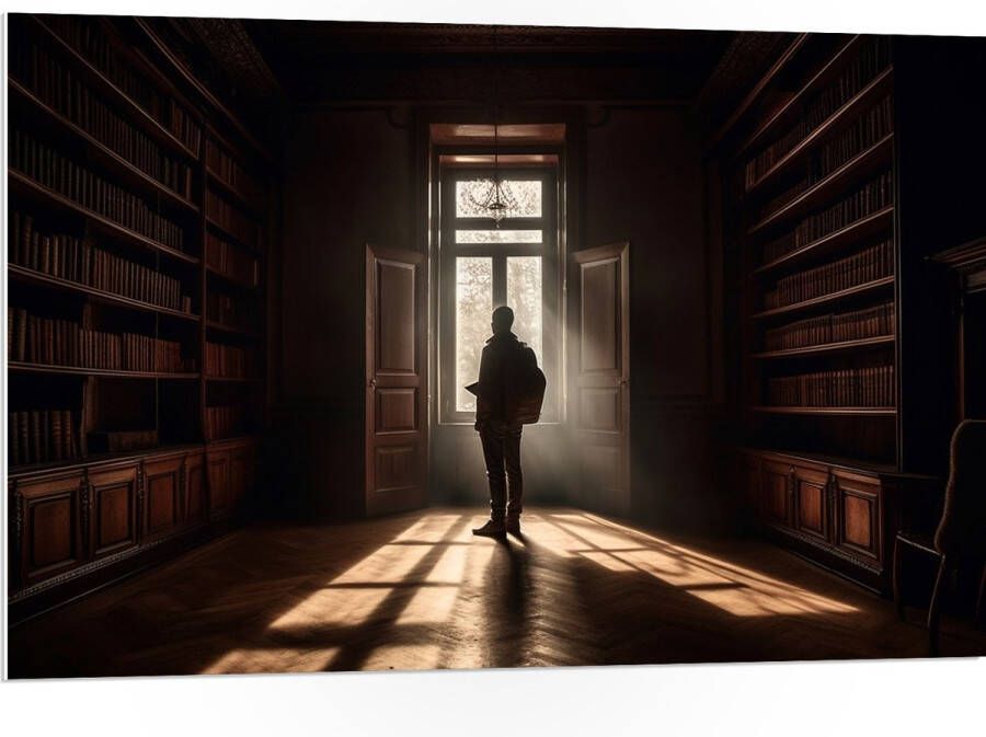 PVC Schuimplaat- Bibliotheek Man Boeken Leeg 105x70 cm Foto op PVC Schuimplaat