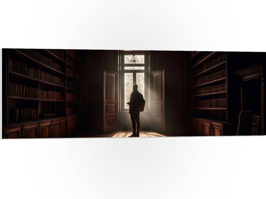 PVC Schuimplaat- Bibliotheek Man Boeken Leeg 120x40 cm Foto op PVC Schuimplaat