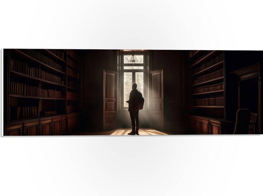 PVC Schuimplaat- Bibliotheek Man Boeken Leeg 60x20 cm Foto op PVC Schuimplaat