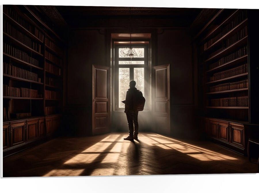 PVC Schuimplaat Bibliotheek Man Boeken Leeg 75x50 cm Foto op PVC Schuimplaat (Met Ophangsysteem)