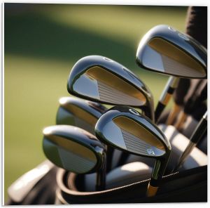 PVC Schuimplaat- Golf Clubs in Trolley op Golfbaan 50x50 cm Foto op PVC Schuimplaat
