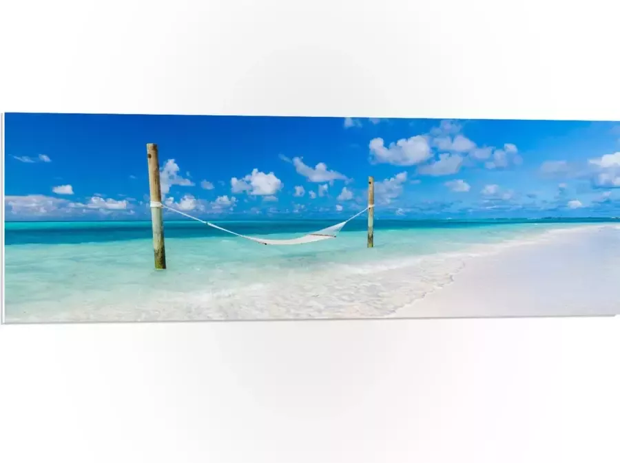 PVC Schuimplaat- Hangmat boven Aankomende Golven op Wit Tropisch Strand 120x40 cm Foto op PVC Schuimplaat