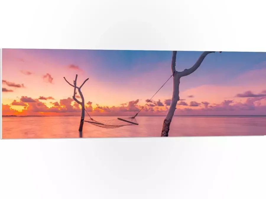 PVC Schuimplaat Hangmat tussen Kale Takken in de Zee tijdens Zonsondergang 120x40 cm Foto op PVC Schuimplaat (Met Ophangsysteem)