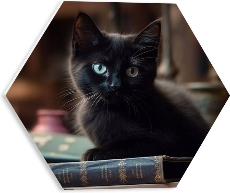 PVC Schuimplaat Hexagon Kitten Dier Tafel Boeken Zwart 30x26.1 cm Foto op Hexagon (Met Ophangsysteem)