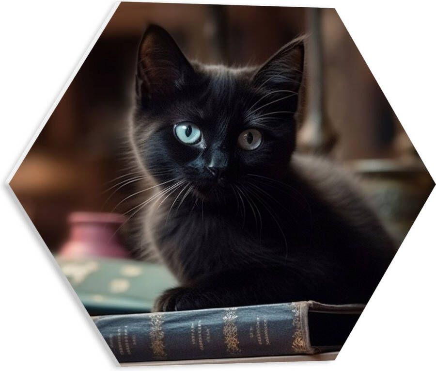 PVC Schuimplaat Hexagon Kitten Dier Tafel Boeken Zwart 40x34.8 cm Foto op Hexagon (Met Ophangsysteem)
