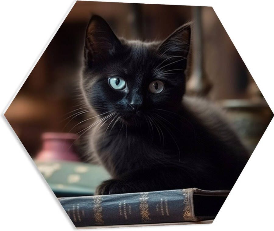 PVC Schuimplaat Hexagon Kitten Dier Tafel Boeken Zwart 60x52.2 cm Foto op Hexagon (Met Ophangsysteem)