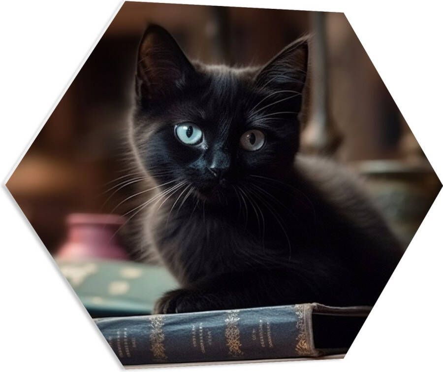 PVC Schuimplaat Hexagon Kitten Dier Tafel Boeken Zwart 70x60.9 cm Foto op Hexagon (Met Ophangsysteem)