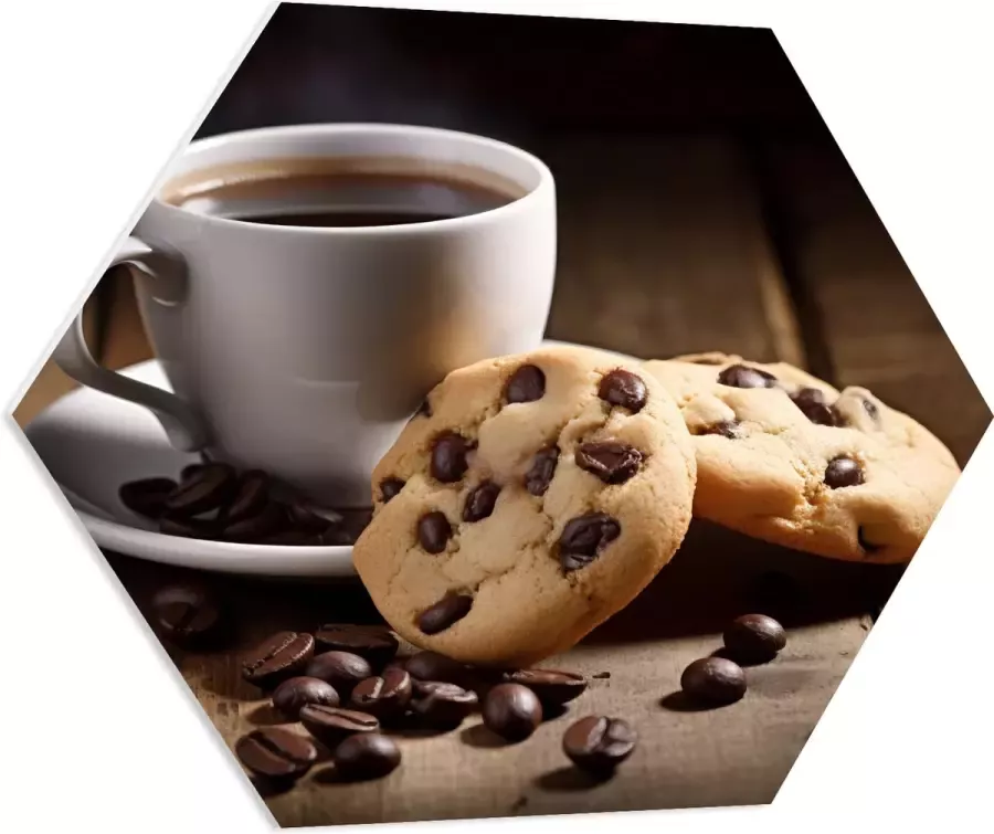 PVC Schuimplaat Hexagon Kop Koffie met Verse Koekjes op Houten Tafel 80x69.6 cm Foto op Hexagon (Met Ophangsysteem)