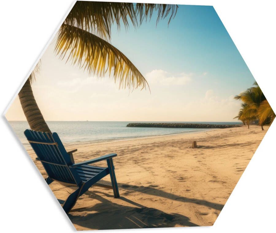 PVC Schuimplaat Hexagon Strand Zee Palmbomen Zon Stoel 50x43.5 cm Foto op Hexagon (Met Ophangsysteem)