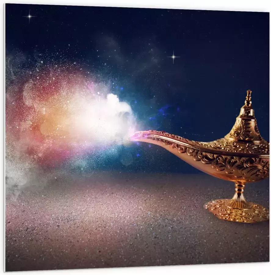 PVC Schuimplaat Magische Gouden Lamp met Kleurrijke Rook 100x100 cm Foto op PVC Schuimplaat (Met Ophangsysteem)