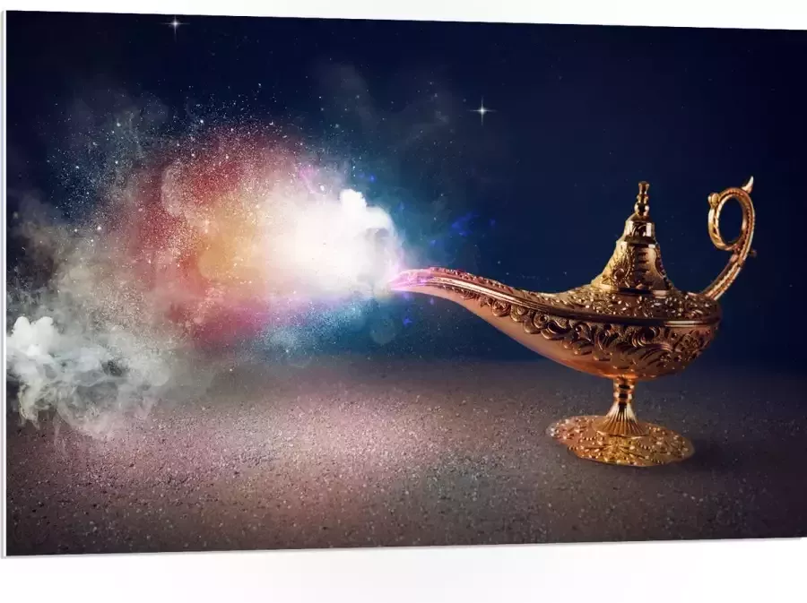 PVC Schuimplaat- Magische Gouden Lamp met Kleurrijke Rook 105x70 cm Foto op PVC Schuimplaat - Foto 1