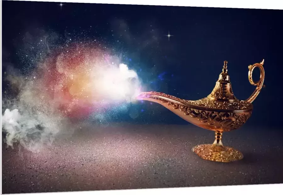 PVC Schuimplaat Magische Gouden Lamp met Kleurrijke Rook 150x100 cm Foto op PVC Schuimplaat (Met Ophangsysteem)