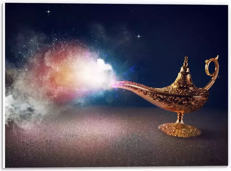 PVC Schuimplaat- Magische Gouden Lamp met Kleurrijke Rook 40x30 cm Foto op PVC Schuimplaat