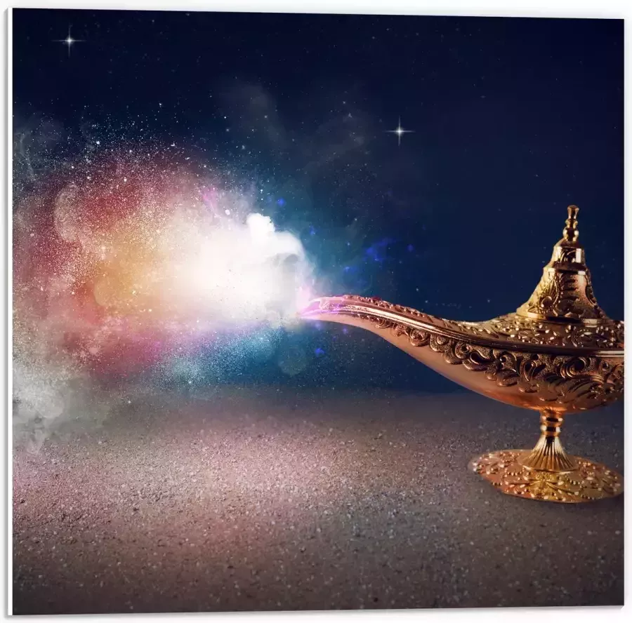 PVC Schuimplaat- Magische Gouden Lamp met Kleurrijke Rook 50x50 cm Foto op PVC Schuimplaat