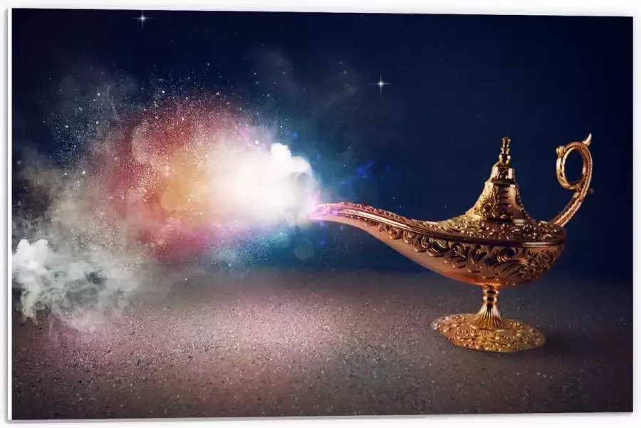 PVC Schuimplaat- Magische Gouden Lamp met Kleurrijke Rook 60x40 cm Foto op PVC Schuimplaat