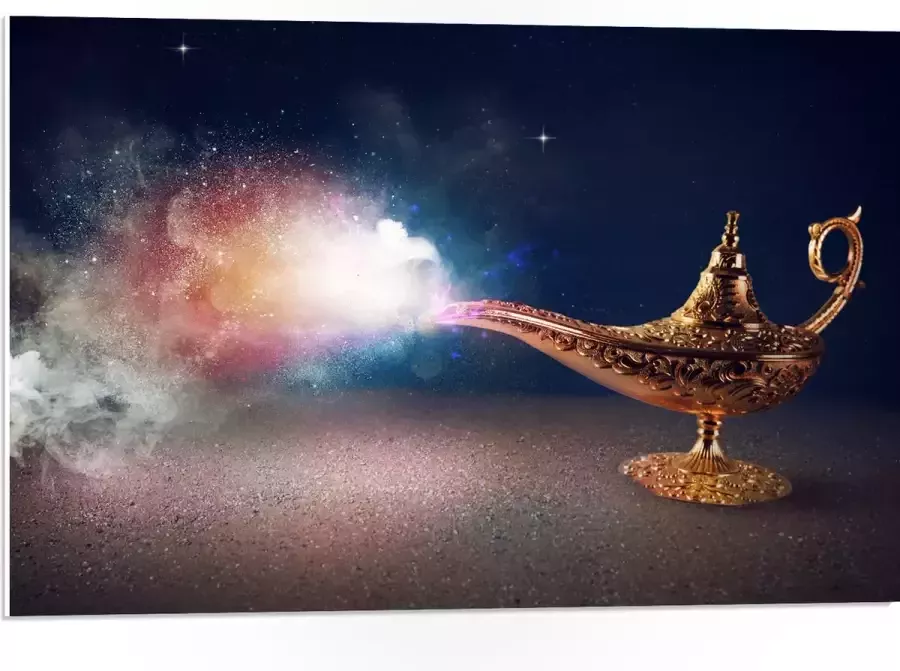 PVC Schuimplaat- Magische Gouden Lamp met Kleurrijke Rook 75x50 cm Foto op PVC Schuimplaat