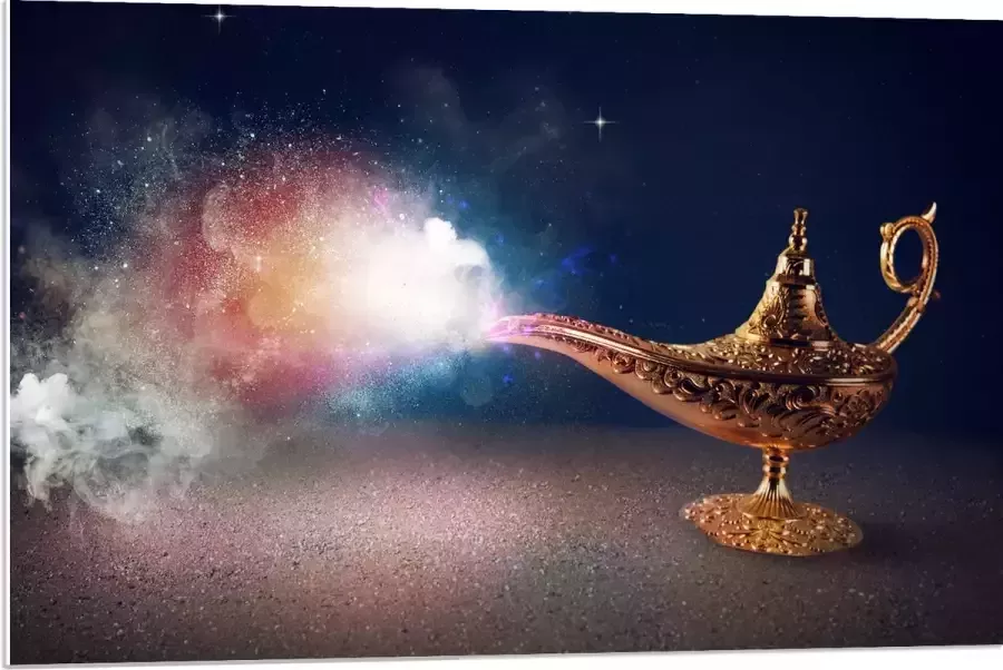 PVC Schuimplaat- Magische Gouden Lamp met Kleurrijke Rook 90x60 cm Foto op PVC Schuimplaat