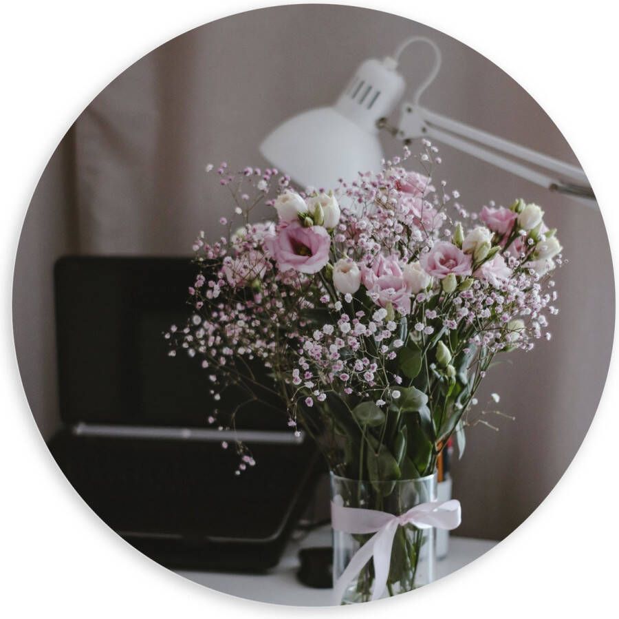 PVC Schuimplaat Muurcirkel Bloemen Boeket Water Strik Lamp Telefoon Bureau Laptop 100x100 cm Foto op Muurcirkel (met ophangsysteem)