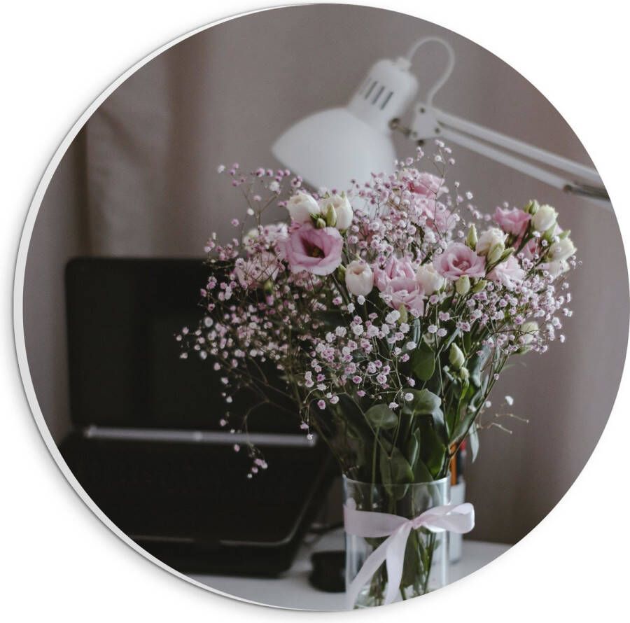 PVC Schuimplaat Muurcirkel Bloemen Boeket Water Strik Lamp Telefoon Bureau Laptop 20x20 cm Foto op Muurcirkel (met ophangsysteem)