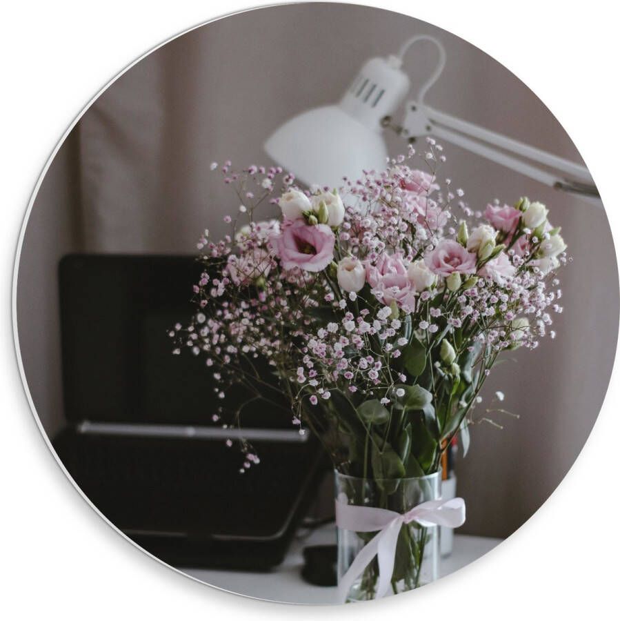 PVC Schuimplaat Muurcirkel Bloemen Boeket Water Strik Lamp Telefoon Bureau Laptop 30x30 cm Foto op Muurcirkel (met ophangsysteem)