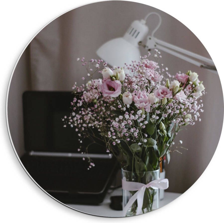 PVC Schuimplaat Muurcirkel Bloemen Boeket Water Strik Lamp Telefoon Bureau Laptop 40x40 cm Foto op Muurcirkel (met ophangsysteem)