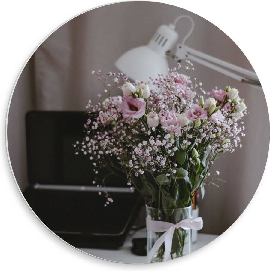 PVC Schuimplaat Muurcirkel Bloemen Boeket Water Strik Lamp Telefoon Bureau Laptop 50x50 cm Foto op Muurcirkel (met ophangsysteem)