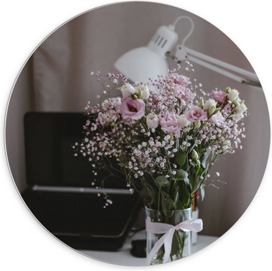 PVC Schuimplaat Muurcirkel Bloemen Boeket Water Strik Lamp Telefoon Bureau Laptop 70x70 cm Foto op Muurcirkel (met ophangsysteem)