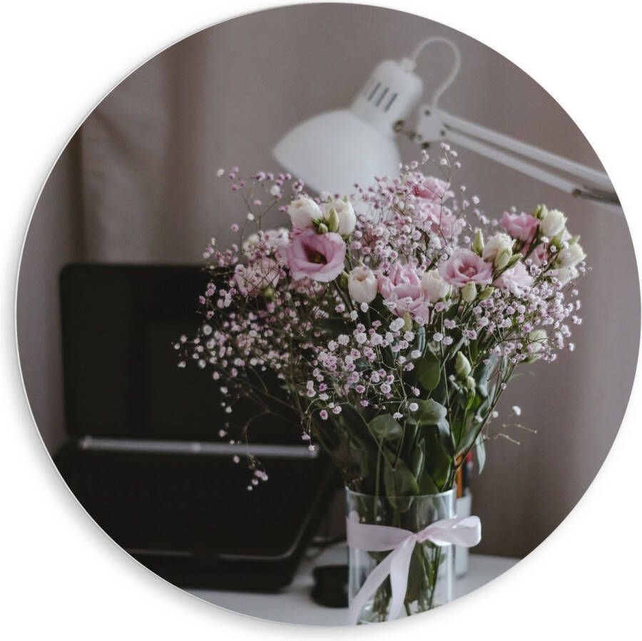 PVC Schuimplaat Muurcirkel Bloemen Boeket Water Strik Lamp Telefoon Bureau Laptop 80x80 cm Foto op Muurcirkel (met ophangsysteem)