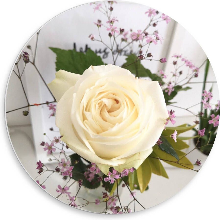 PVC Schuimplaat Muurcirkel Bloemen Roos Bladeren Bureau Boeket Vaas 50x50 cm Foto op Muurcirkel (met ophangsysteem)