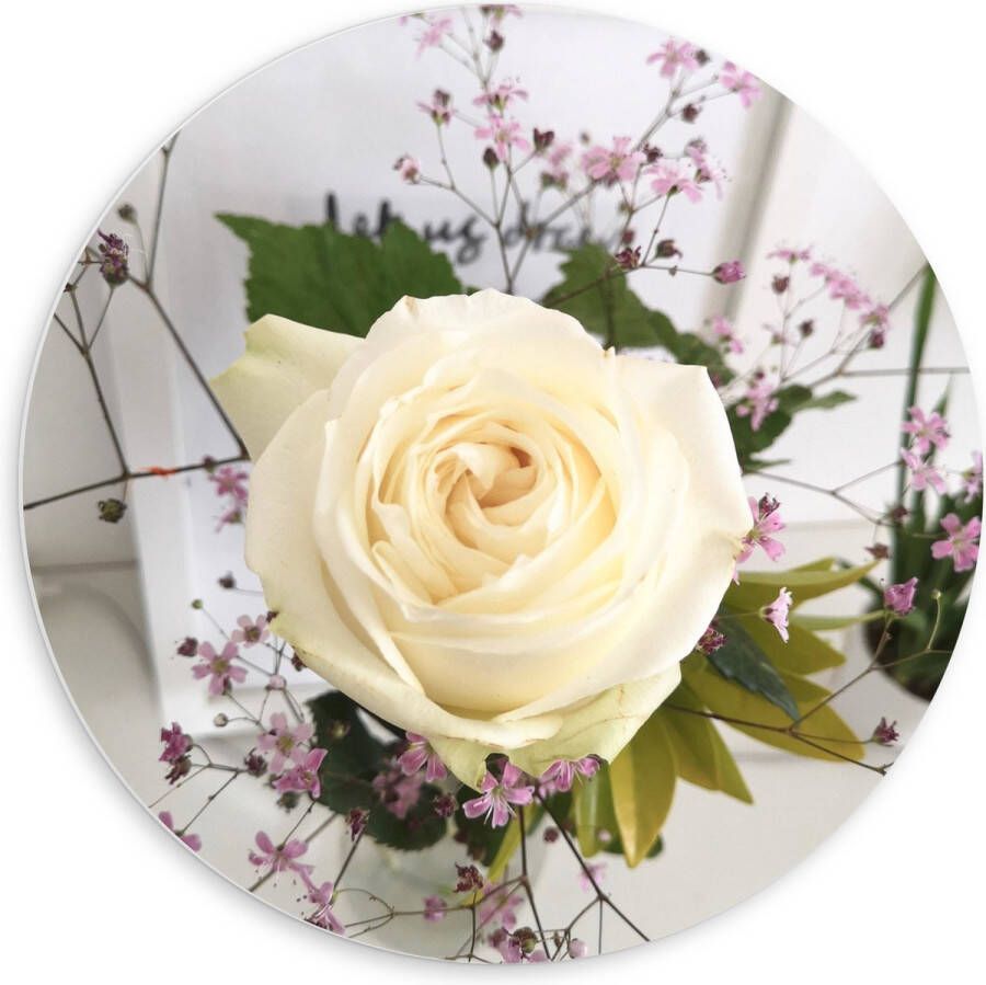 PVC Schuimplaat Muurcirkel Bloemen Roos Bladeren Bureau Boeket Vaas 60x60 cm Foto op Muurcirkel (met ophangsysteem)