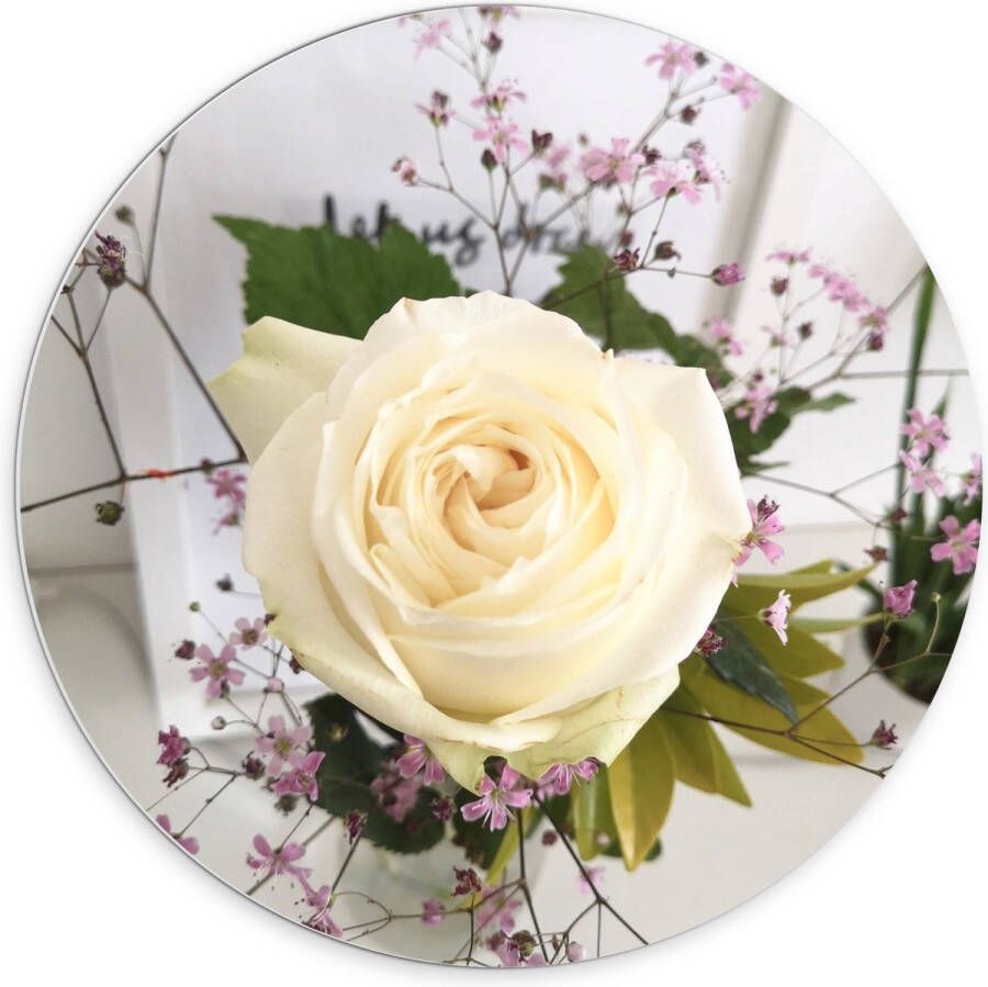 PVC Schuimplaat Muurcirkel Bloemen Roos Bladeren Bureau Boeket Vaas 70x70 cm Foto op Muurcirkel (met ophangsysteem)