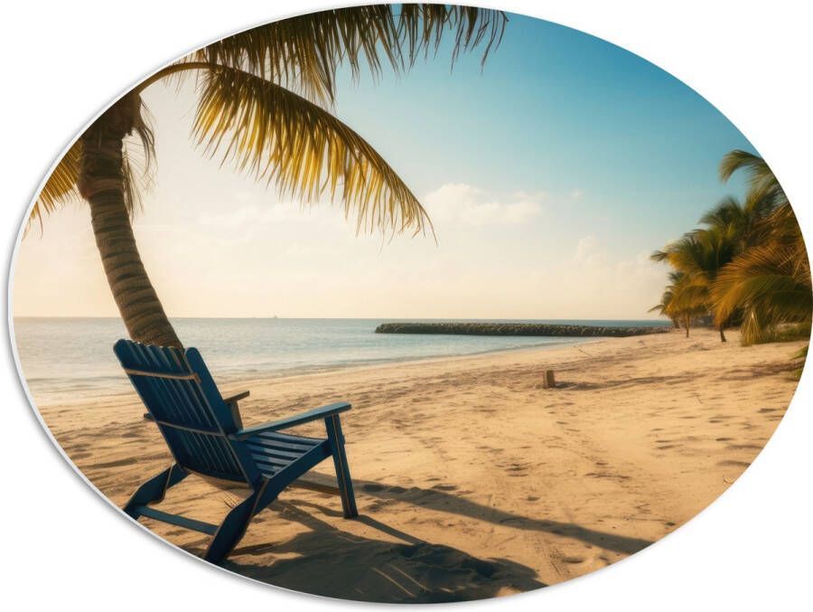 PVC Schuimplaat Ovaal Strand Zee Palmbomen Zon Stoel 56x42 cm Foto op Ovaal (Met Ophangsysteem)