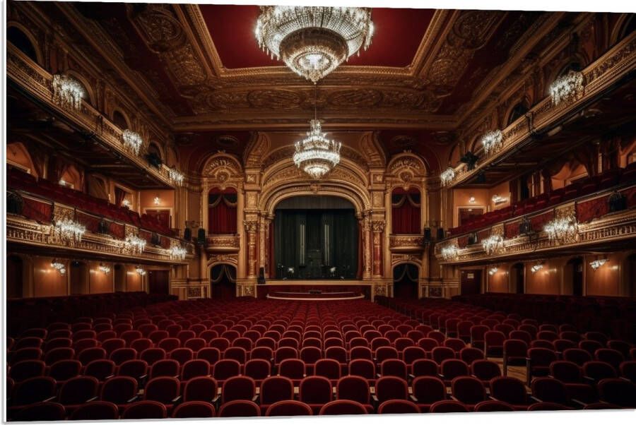 PVC Schuimplaat- Zaal Podium Stoelen Publiek Lampen Lichten 90x60 cm Foto op PVC Schuimplaat