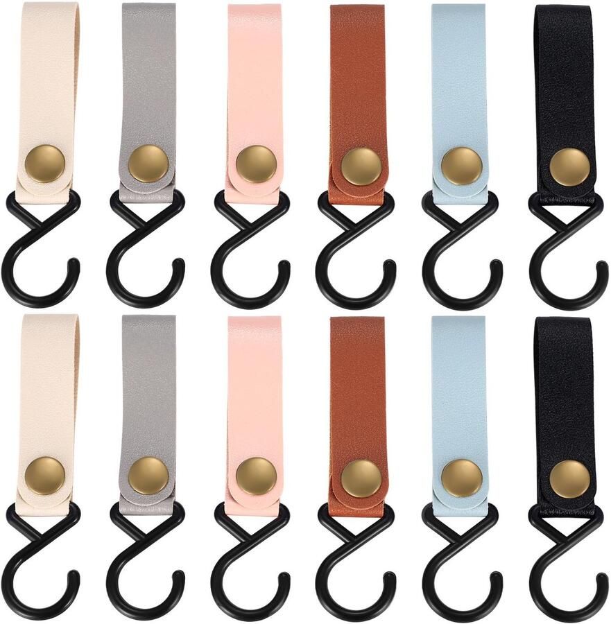 PXARMYYXGS 12 stuks S-haken voor kledingroedehaken jashaken garderobehaken multifunctionele haken met leren lushaken leren haken voor het ophangen van kledingkasten keuken badkamer campinghaken