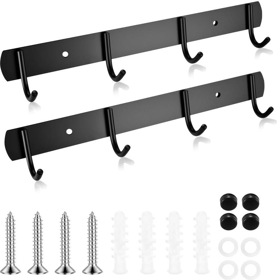 Pzihao 2 stuks haakrail keukenhaak kapstokhaak wandhaak kapstokhaak zwart roestvrijstalen kapstok met 4 haken voor het ophangen van jassen hoeden jashanger metalen wandkapstokhaken