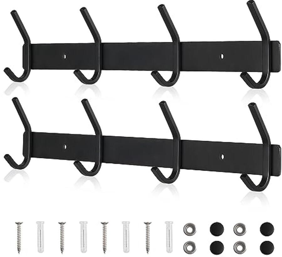 Qiannhee 2 stuks hakenrek kledinghaken 43 cm tot 40 kg kapstokhaken zwart mat haakrek met 4 haken kapstok roestvrijstalen kapstokken kinderhaakrek voor badkamer keukendeur gang