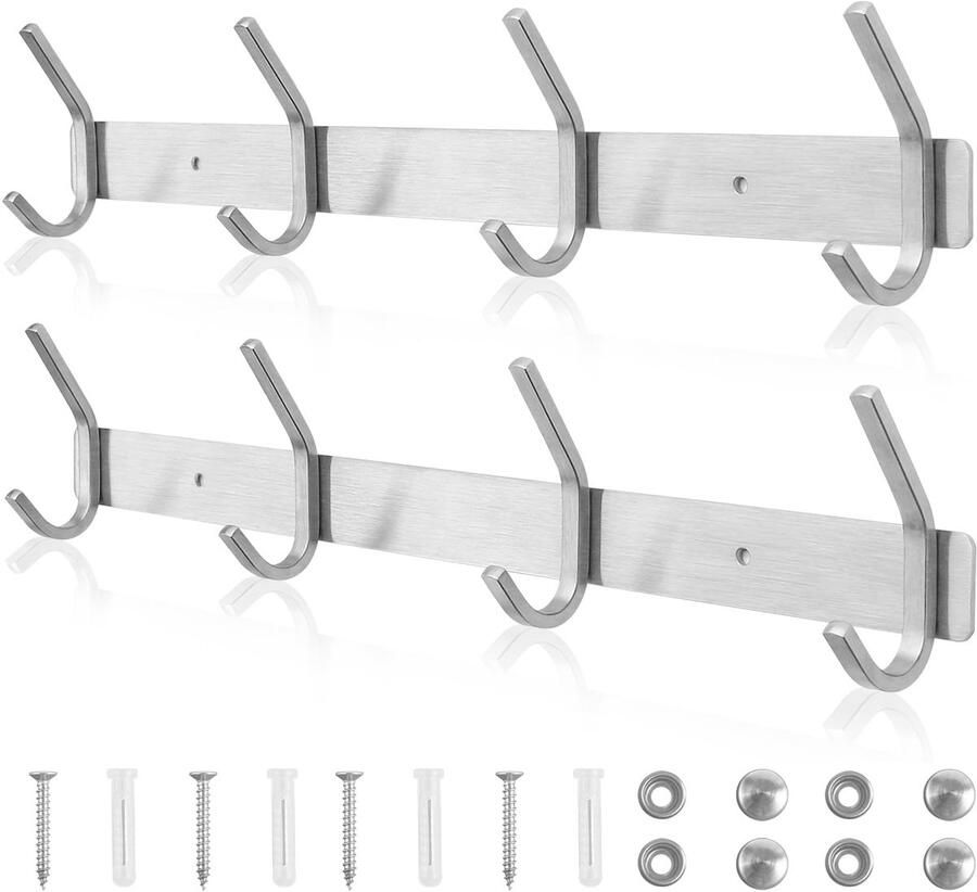 Qiannhee haakrail kapstokhaak 43cm tot 40kg kapstokhaak zilver mat 2 stuks SUS304 roestvrij staal kapstokhaak wandhaakrail 4 haken kapstok voor hal keuken badkamer deur woonkamer