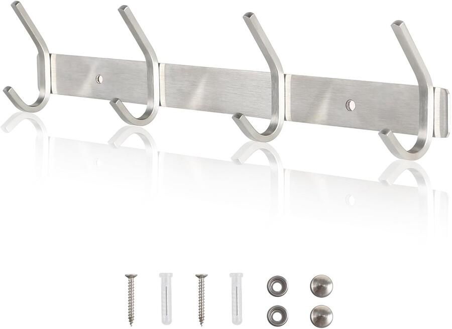 Qiannhee haakrail kapstokhaak zilverkleurige kapstok heavy duty 43cm tot 40kg SUS304 roestvrij staal kapstokhaak kinderen 4 haken kapstok wandhaak haakrail voor keukendeur hal jassen