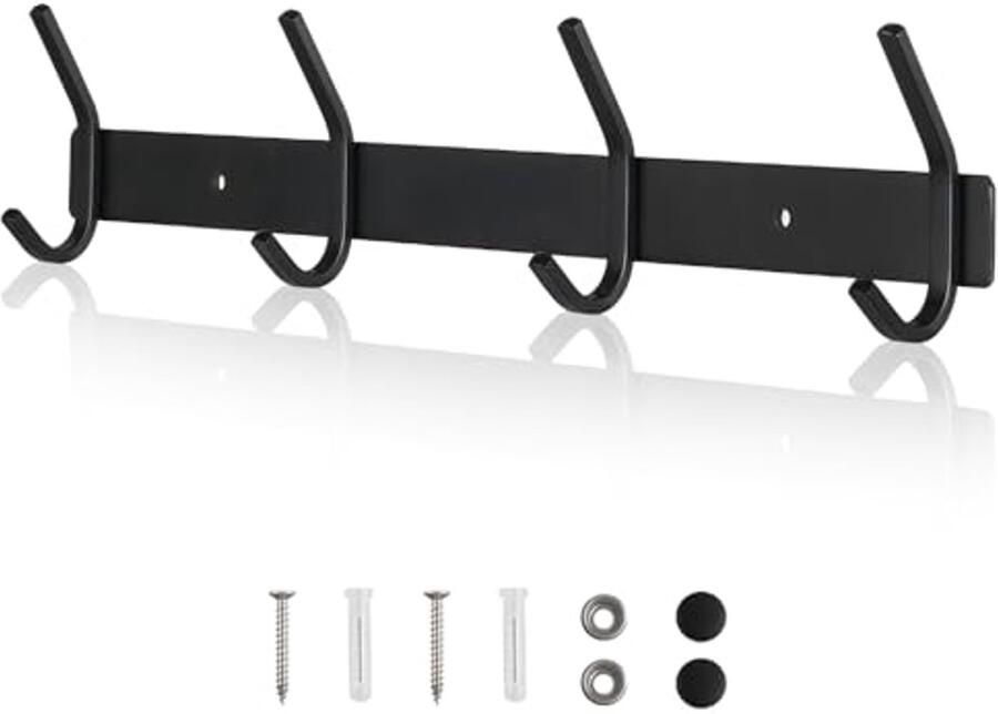 Qiannhee Hakenrek Kledinghaak 43 cm tot 40 kg Kapstok Mat Zwart 4 Haken Hakenrek Roestvrijstalen Kapstok Zwaar uitgevoerde Kapstok Kinderhaak Rek voor Deur Hal Keuken Badkamer