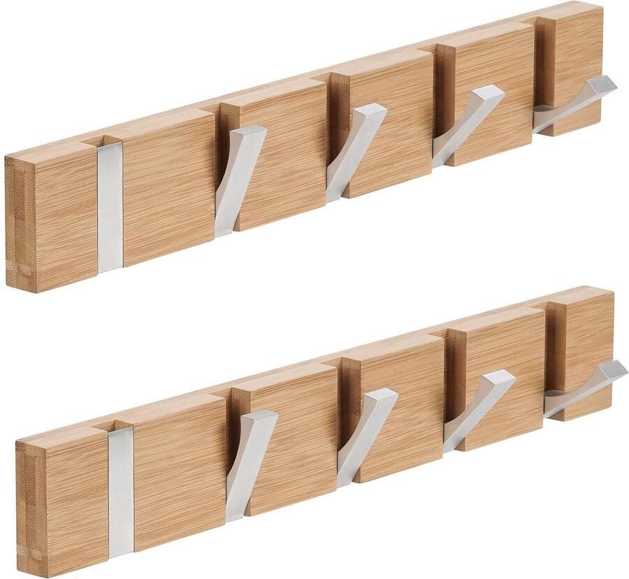 QILICZ Kapstokhaken Set van 2 Kleerhangers Wandkapstok Opvouwbare Kapstokhaak Bamboe met 5 Opvouwbare Haken voor Jassen Hoeden Sjaals Sleutels Handdoekhouder Opvouwbare Plank