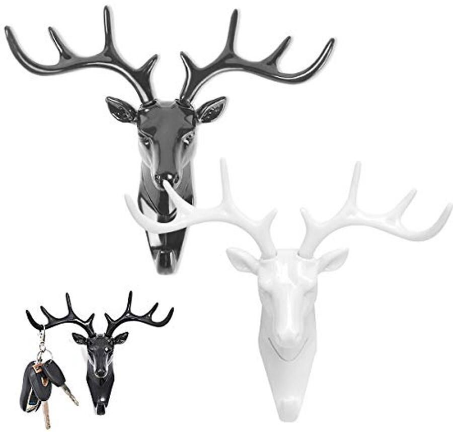 Qixuer Set van 2 geweien zelfklevende sleutelhaken niet-markerend hoogwaardige hertenhars kapstokken wandhaken handdoekhaken muur voor slaapkamer keuken (2 kleuren)