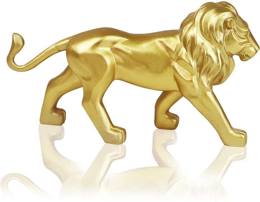 QLFJ-FurDec Home Decor Leeuwenbeelden Sculptuur Handgemaakt Polyresin Decoratief Leeuwenornament Verzamelbaar Wild Dierenbeeldje voor Thuis Kantoor Bureau (Goud 19 5x6x13cm)