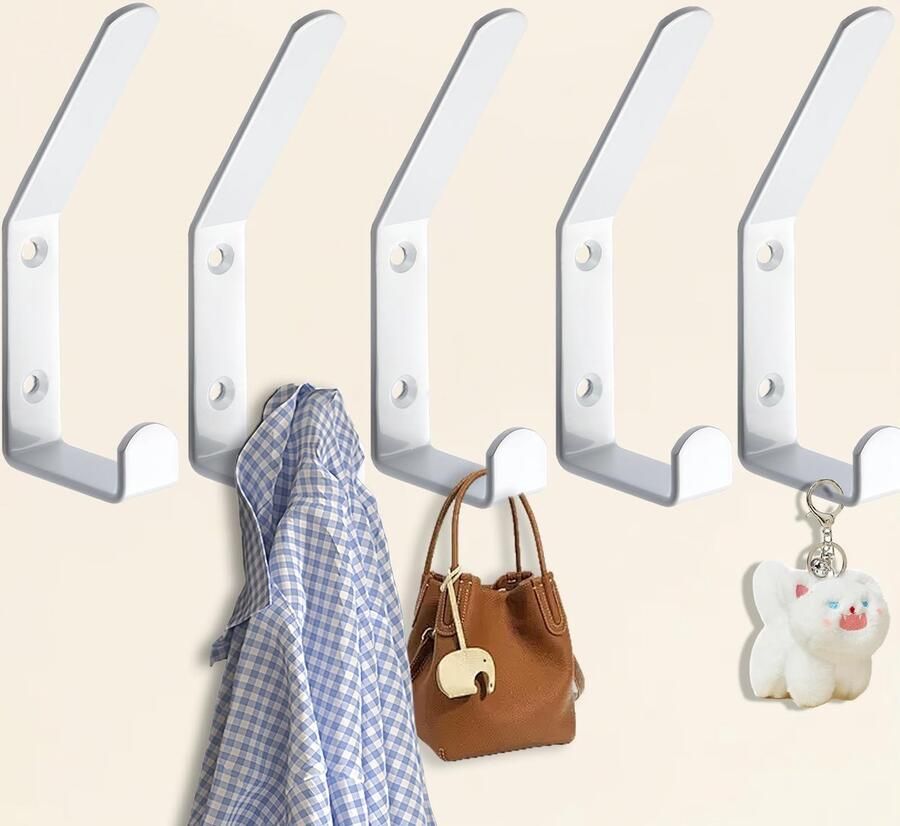 QMAHA 5-pack kapstokhaken dubbele kapstokhaken wandhaken van metaal handdoekhaken kapstokhaken met schroeven wandhaken voor deuren hal badkamers en gangen (wit 13 8 cm)