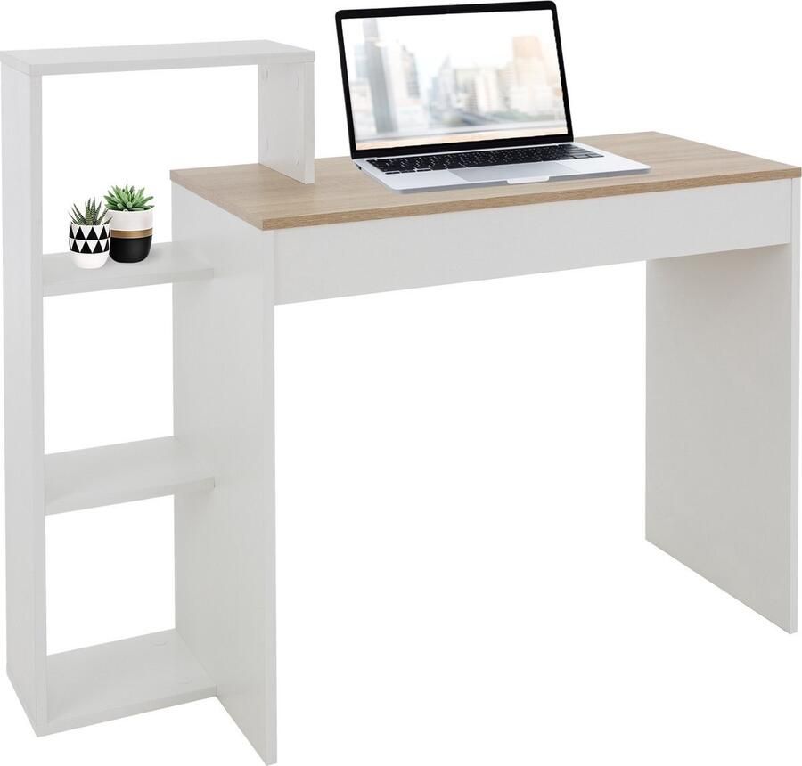 QPFO Bureau Met Legplank Compact Werkbureau 110x72x40 cm Wit Sonoma Eiken Houten Computerbureau Voor Thuiswerk en Studeren