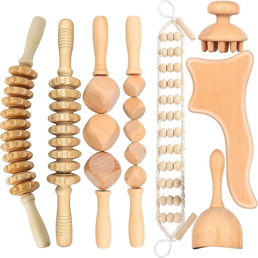 QPFO Houten Massage Tool Set – 8 in 1 Massagehulpmiddelen voor Rug Nek Benen en Armen – Spierontspanning en Pijnverlichting – Houttherapie Set