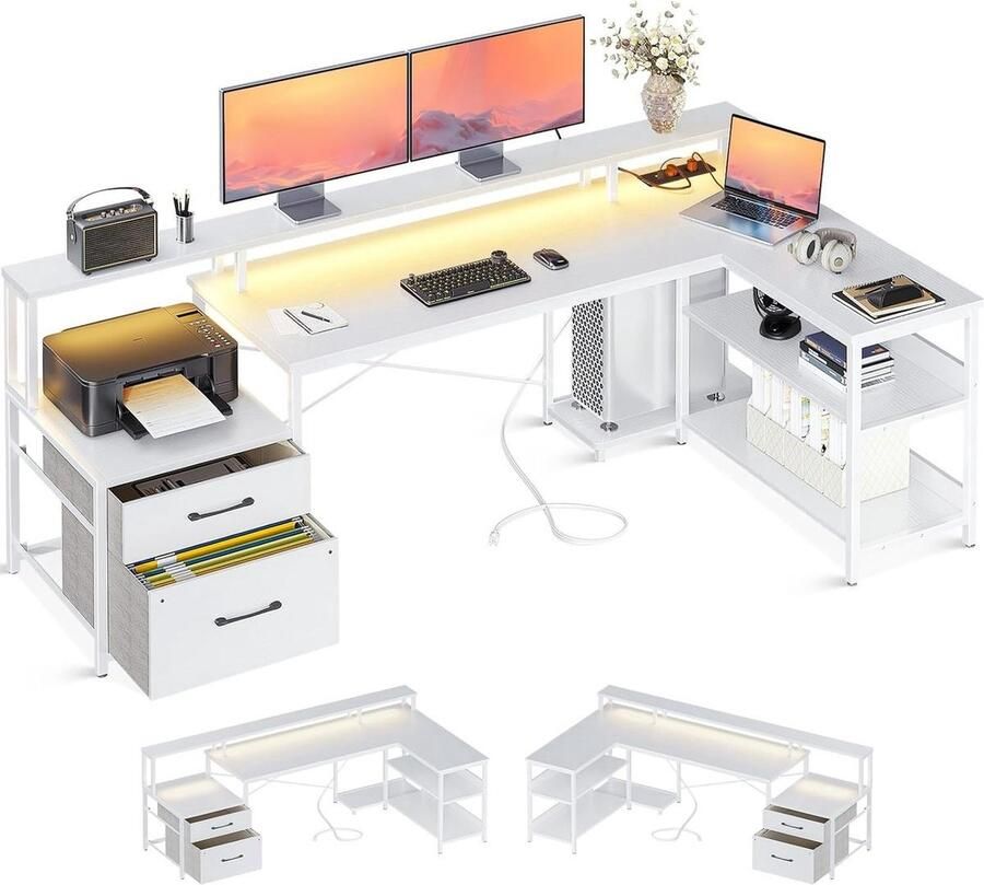 QPFO L-vormig bureau met lades en LED verlichting groot hoekbureau 189x100 cm modern wit gaming en kantoor bureau met stroomstrip